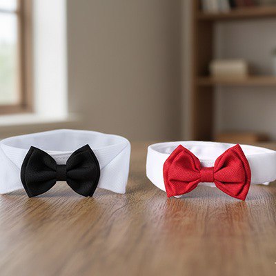 Deux modèles de collier pour chien noeud papillon, un noir et un rouge, posés sur une table.