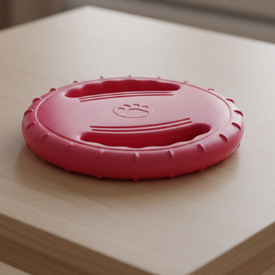 Gros plan d'un jouet pour chien rose en forme de disque avec logo de patte posé sur une table.