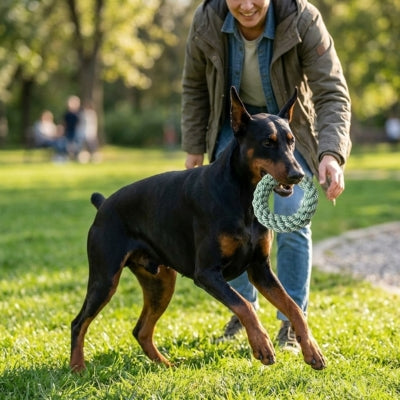Doberman debout avec un jouet pour chien indestructible vert clair en forme d'anneau.
