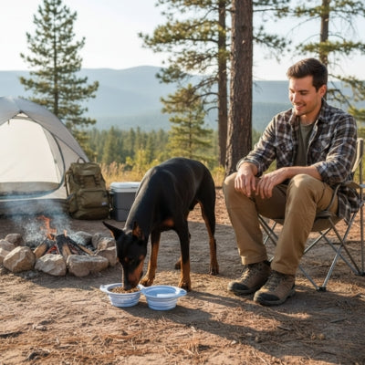 Doberman en forêt près d'un feu de camp avec une gamelle pour chien double bleu clair.