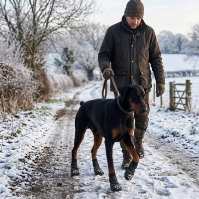 Chien Dobermann marchant dans la neige avec des chaussettes pour chien antidérapantes.