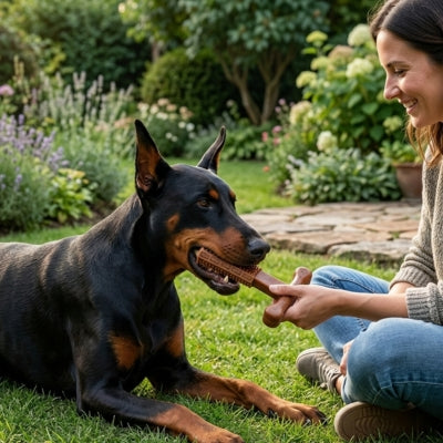Doberman noir et feu allongé recevant son jouet pour chien indestructible d'une femme.