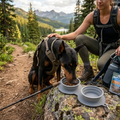 Un Dobermann mange dans des gamelles chien grises posées sur un rocher en montagne.