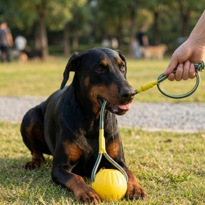 Doberman couché dans l'herbe tenant la corde d'un jouet chien indestructible avec balle jaune.