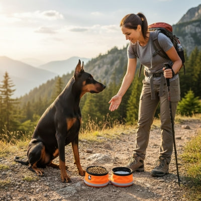 Doberman assis sur un sentier de montagne devant une gamelle chien orange double ouverte.