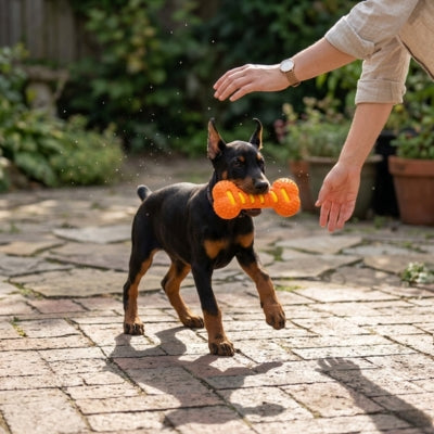Chiot Dobermann portant un jouet chien indestructible orange dans une cour pavée.
