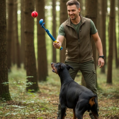 Homme en forêt avec un Dobermann et un lanceur de balle pour chien devant une balle rouge.
