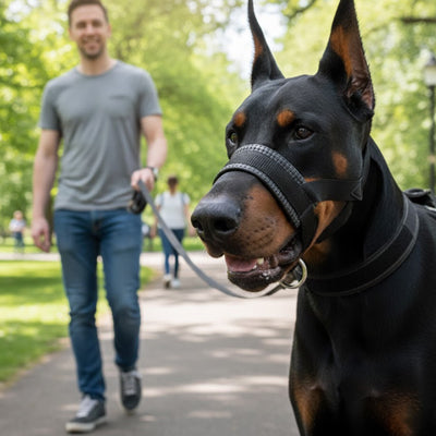 Gros plan d'un Dobermann avec une muselière chien noire, tenu en laisse par un homme au parc.