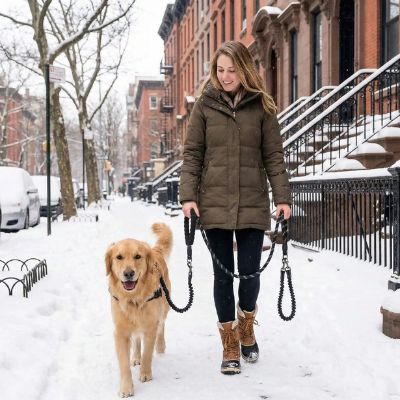 Femme en hiver utilisant une double laisse pour chien noire avec un Golden Retriever.