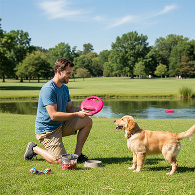 Homme à genoux avec un jouet pour chien rose face à un Golden Retriever, frisbee sur l'eau.