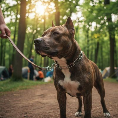 Un Pitbull au pelage bringé se tient fièrement en forêt avec son collier etrangleur chien, tenu en laisse par son maître.
