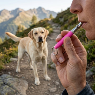 Labrador écoute un sifflet à ultrason pour chien rose tenu par une femme en montagne.