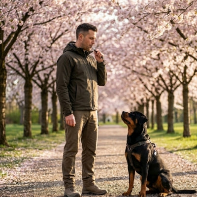 Homme éduquant un Rottweiler avec un sifflet ultrason pour chien sous des cerisiers en fleurs.