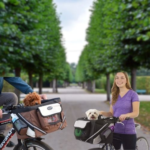 Homme et femme à vélo avec leurs chiens dans un panier vélo chien marron et noir.