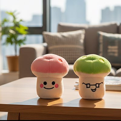 Peluche pour chien champignons rose souriant et vert à lunettes sur une table.