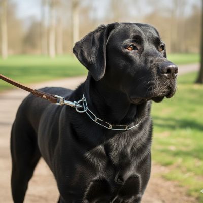 Un Labrador noir calme portant un collier etrangleur chien en acier lors d'une balade éducative en plein air.