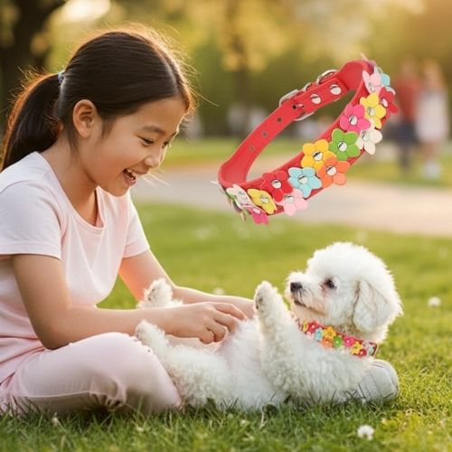 Enfant jouant avec un chiot Bichon blanc couché dans l'herbe. Le chiot porte un collier pour chiot motif fleur amusant. Le collier rouge est en incrustation. Moment naturel et humain.