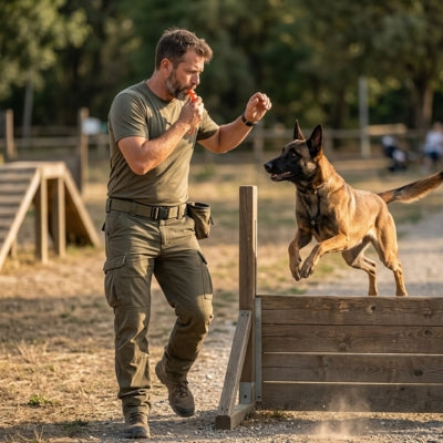 Homme utilisant un sifflet pour chien ultrason pendant qu'un Malinois saute une haie.