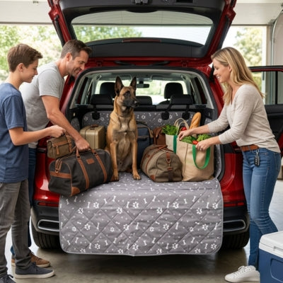 Famille chargeant des sacs à côté d'un Malinois sur un tapis chien voiture protection.