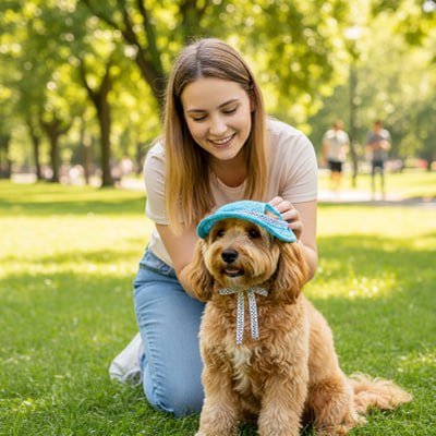 Femme agenouillée dans l'herbe ajustant une casquette chien bleue sur un Cavapoo.
