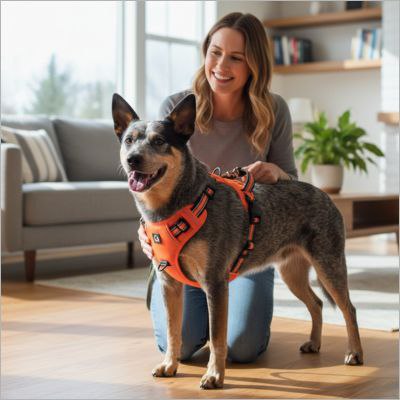 Femme agenouillée ajustant un harnais anti traction chien orange sur un Bouvier.