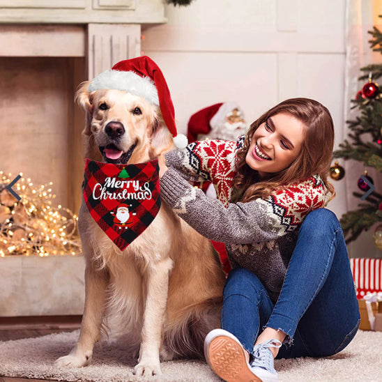 Cette femme porte badana chien foulard rouge noir a son chien au salon chien