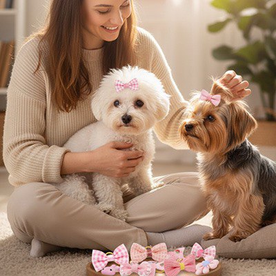 Femme avec un Caniche blanc et un Yorkshire portant un collier nœud papillon pour chien.