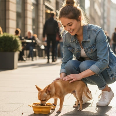 Femme caressant un Chihuahua qui mange dans une gamelle pour chien jaune en ville.