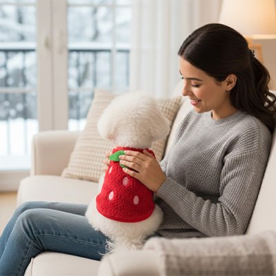 Femme caressant un chien blanc portant un pull chien fraise sur un canapé.