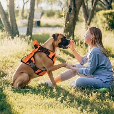 Femme assise dans l'herbe caressant un Boxer avec son harnais anti traction chien orange.