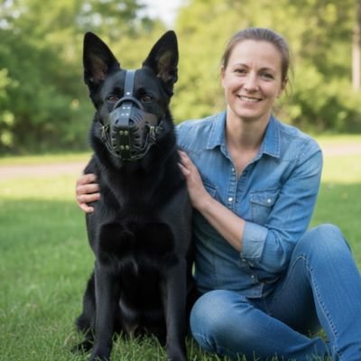 Femme assise dans l'herbe à côté d'un Berger Allemand noir avec muselière chien.