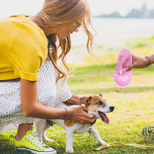 Femme en extérieur avec un Jack Russell et un jouet pour chiens rose en forme de tong.