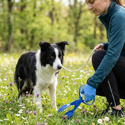 Femme avec gant et pelle a crotte chien nettoyant une prairie près d'un Border Collie en laisse.