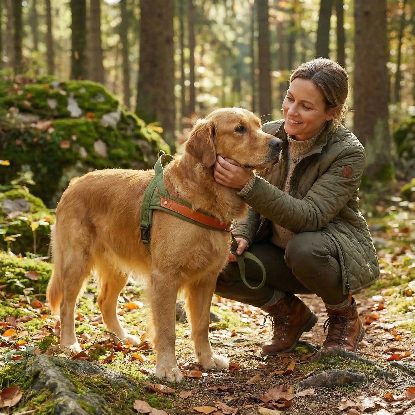 Femme caressant un Golden Retriever avec un harnais pour chien vert en forêt.