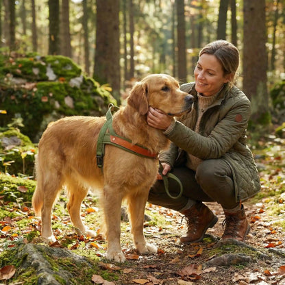 Femme caressant un Golden Retriever avec un harnais pour chien vert en forêt.