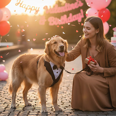 Femme caressant un Golden Retriever en harnais pour chien tuxedo sous une arche de ballons.