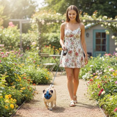 Femme en robe fleurie dans un jardin avec un Carlin et sa muselière pour bouledogue français.