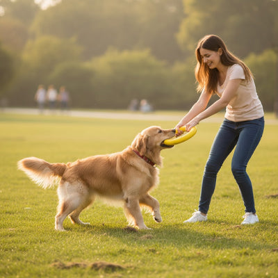 Femme jouant au tir à la corde avec un Golden Retriever et un jouet chien anneau jaune.