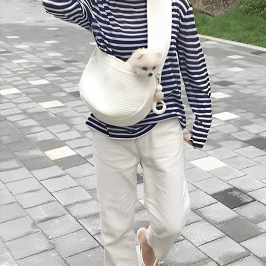 Femme marchant avec un petit chien blanc dans un chien sac de transport bandoulière crème.