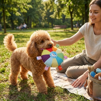 Femme au parc avec un caniche tenant un jouet pour chien multicolore dans sa gueule.