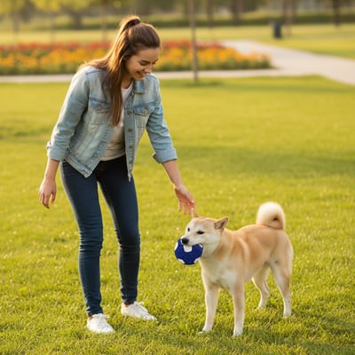 Femme dans un parc caressant un Shiba Inu qui tient une balle chien bleue.