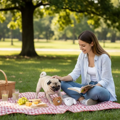 Femme lisant au parc avec son chien Pug et une balle pour chien sur la nappe.