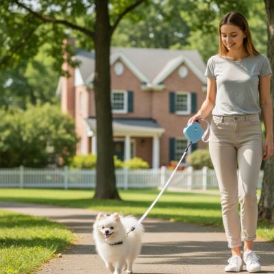 Femme et Loulou de Poméranie blanc avec une longe pour petit chien bleue
