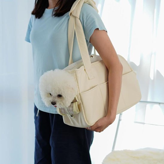 Femme portant à l'épaule un sac de transport pour chien avec un Bichon Maltais regardant le côté.