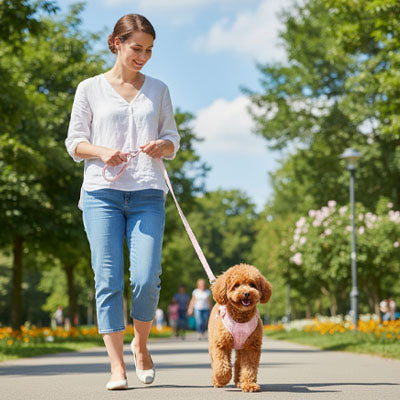 Femme en promenade avec un Caniche brun portant un harnais pour chien rose à carreaux.