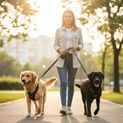 Femme marchant avec un Golden Retriever et un Labrador en laisse chien double.