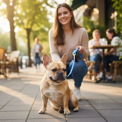 Femme souriante tenant un Bouledogue français avec une laisse pour chien bleue en ville.