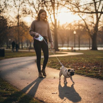 Femme marchant dans un parc au coucher du soleil avec un Carlin en laisse chien lumineuse.