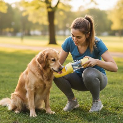 Femme accroupie donnant à boire à son chien avec une gourde pour chien jaune.