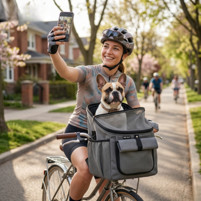 Femme souriante prenant un selfie avec un Bouledogue dans son panier vélo pour chien.